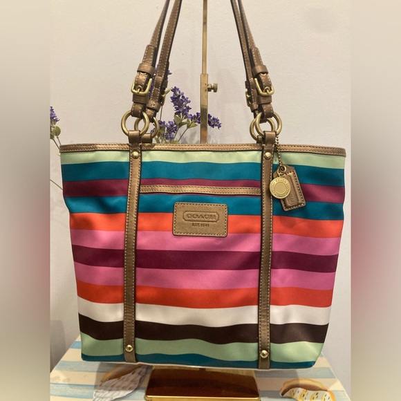 Coach Handbags - Coach Legacy Multicolor Stripe Sateen Tote Bag Handbag Purse F14009